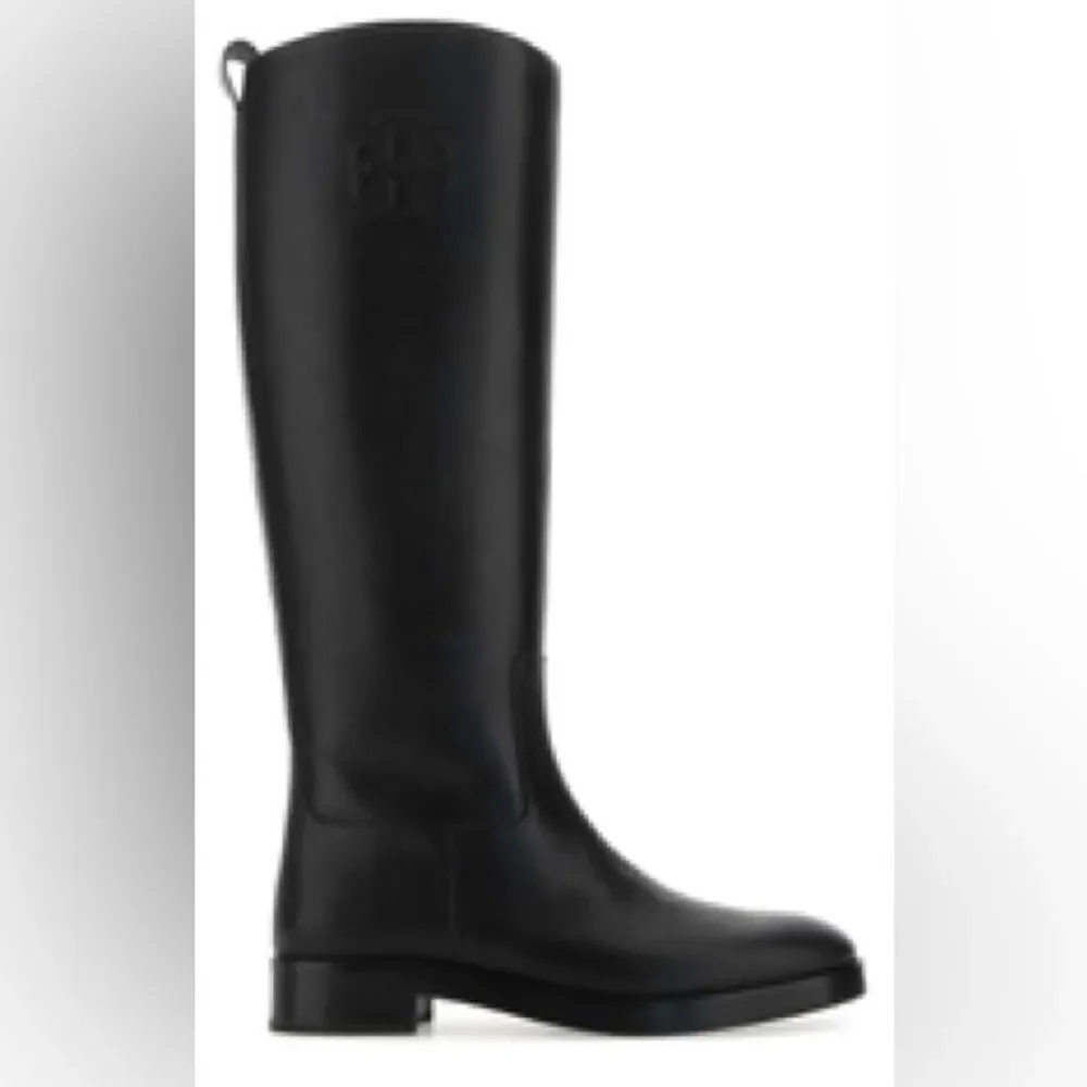 Tory Burch | Tory Burch Logo Embossed Riding Boots in Black | 6.5 M